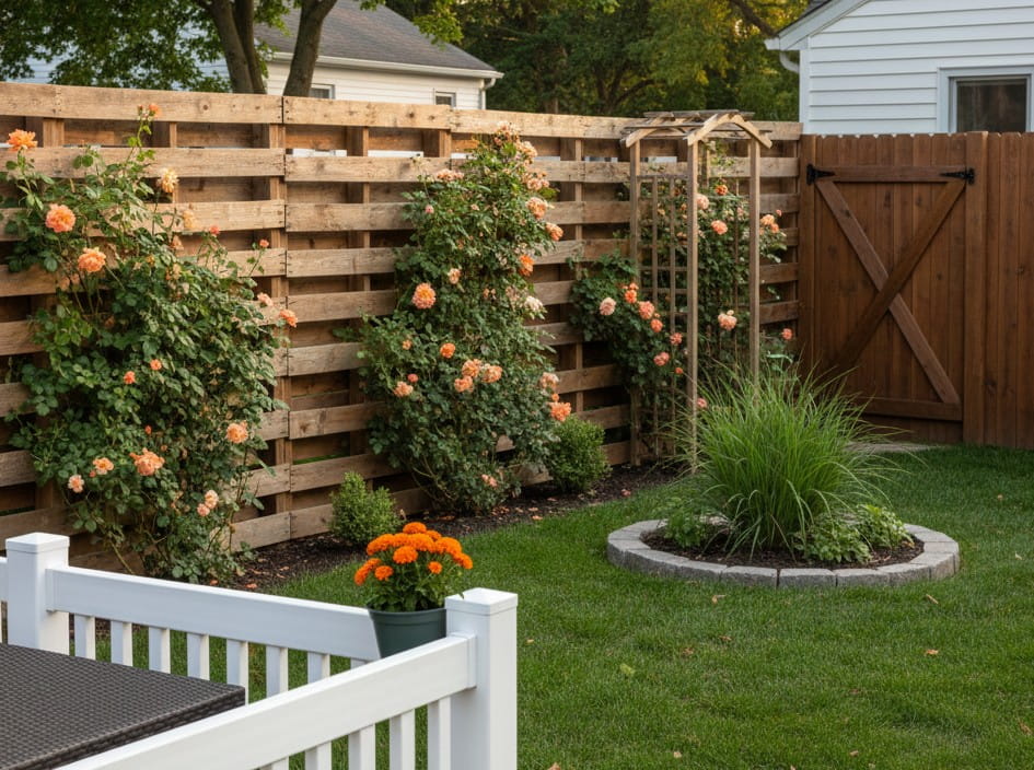 A small, well-manicured backyard featuring a rustic horizontal pallet fence with climbing peach-colored roses, a dark brown wooden gate, and a circular stone-edged garden bed.
