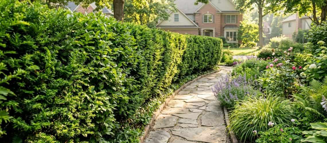lush garden with a tall green privacy hedge fence