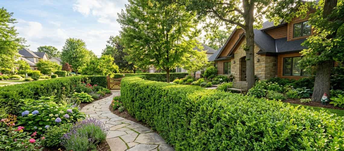landscaped front yard with a curved green living fence