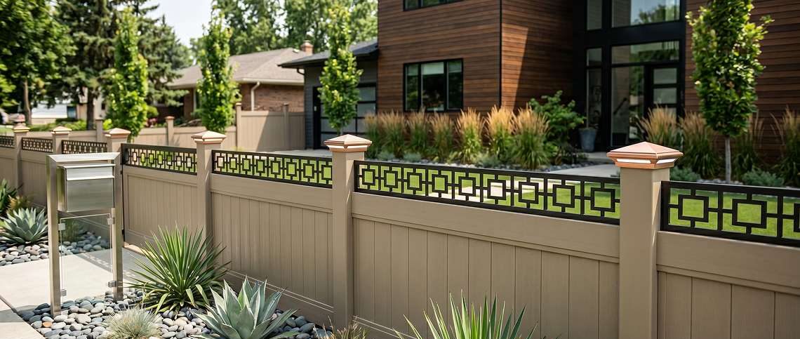A modern wooden house with large windows is bordered by a beige fence with geometric cutouts.