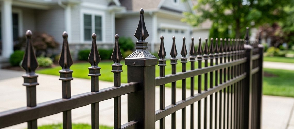 Elegant black metal fence with pointed finials in focus.