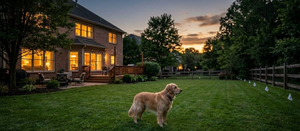 A dog standing in a spacious green backyard at dusk