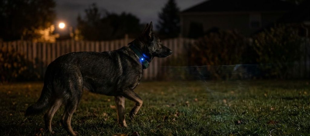 a dog standing in a grassy backyard at night