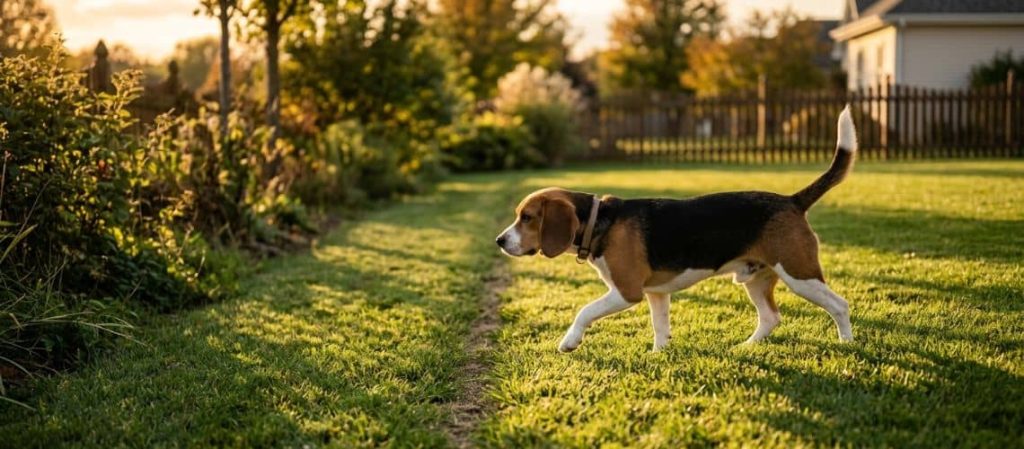 A dog walking across a sunny, green backyard lawn with a wooden fence