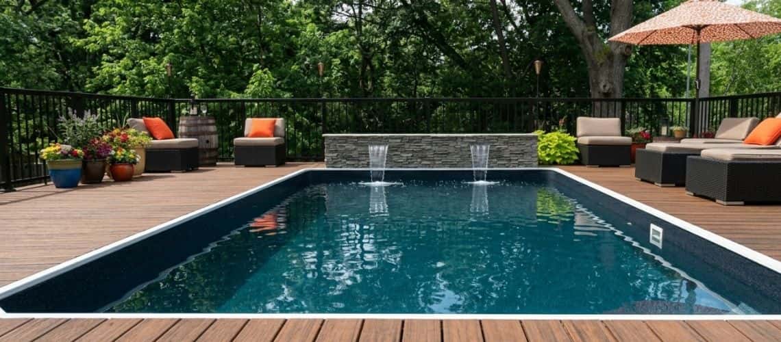 rectangular above ground pool with dark teal water and a white rim