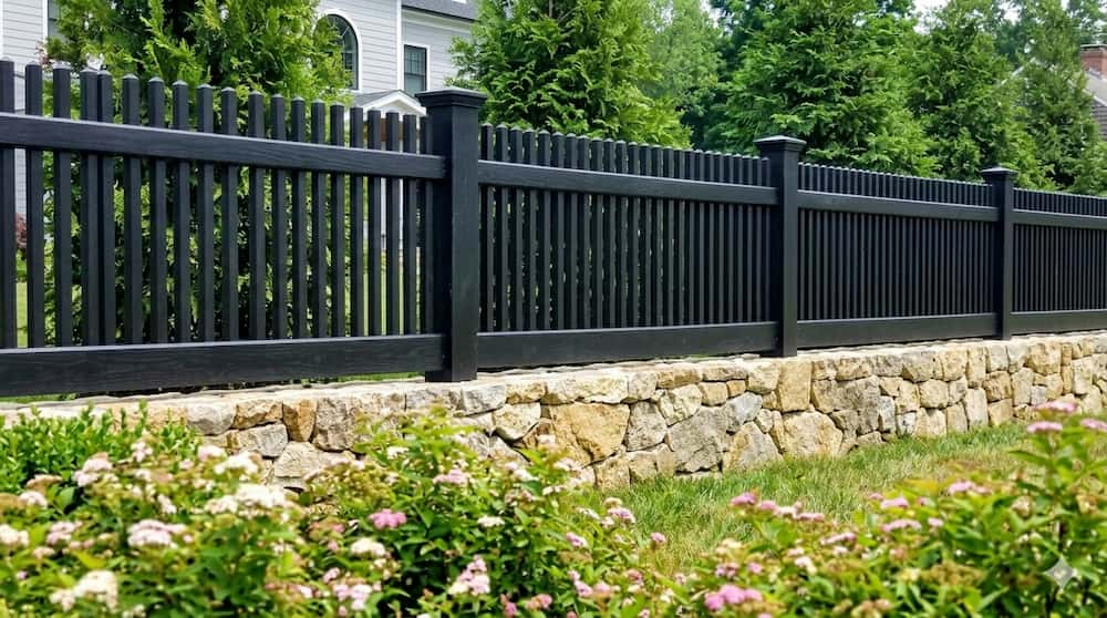 A modern black picket fence installed