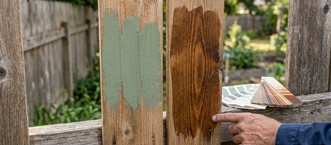 brown wood stain sample next to a sage green paint