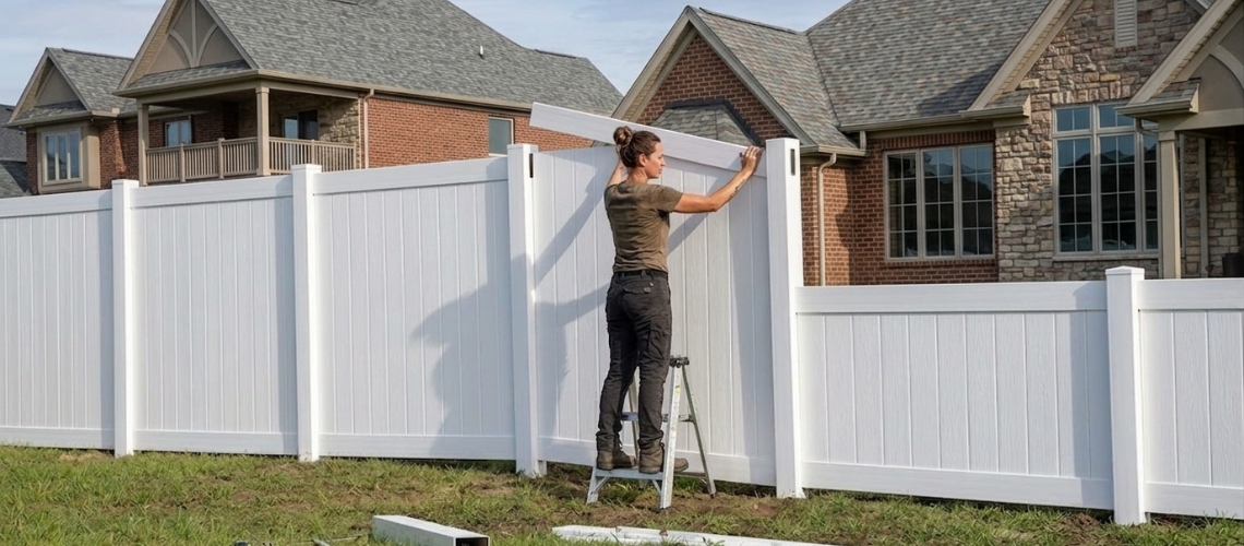 a woman installing vinyl fence