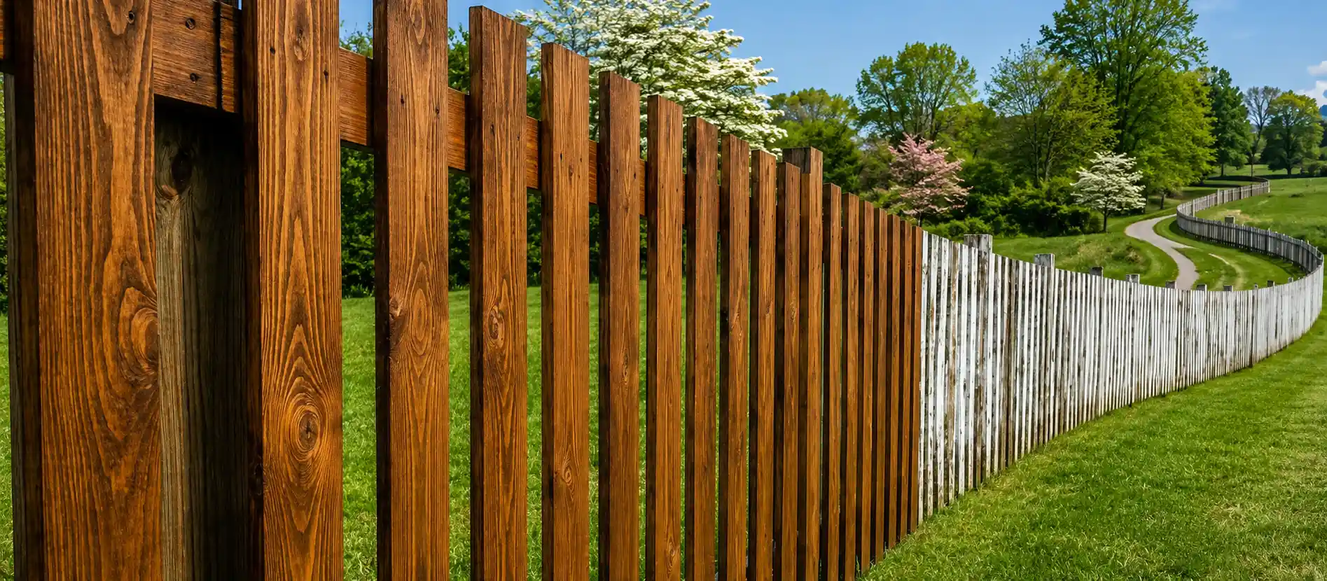 a long wooden fence winding alongside a dirt path
