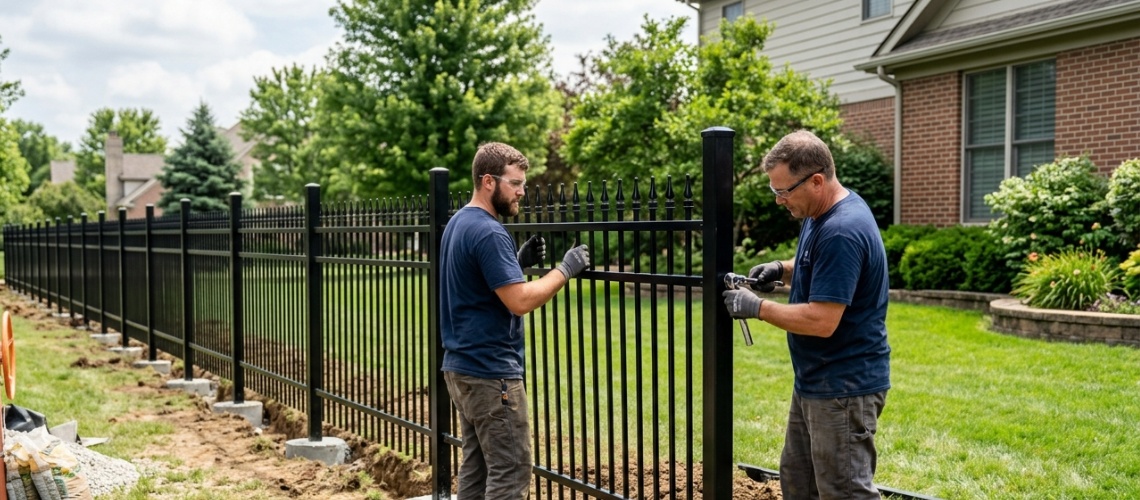 Two workers installing a black aluminum fence