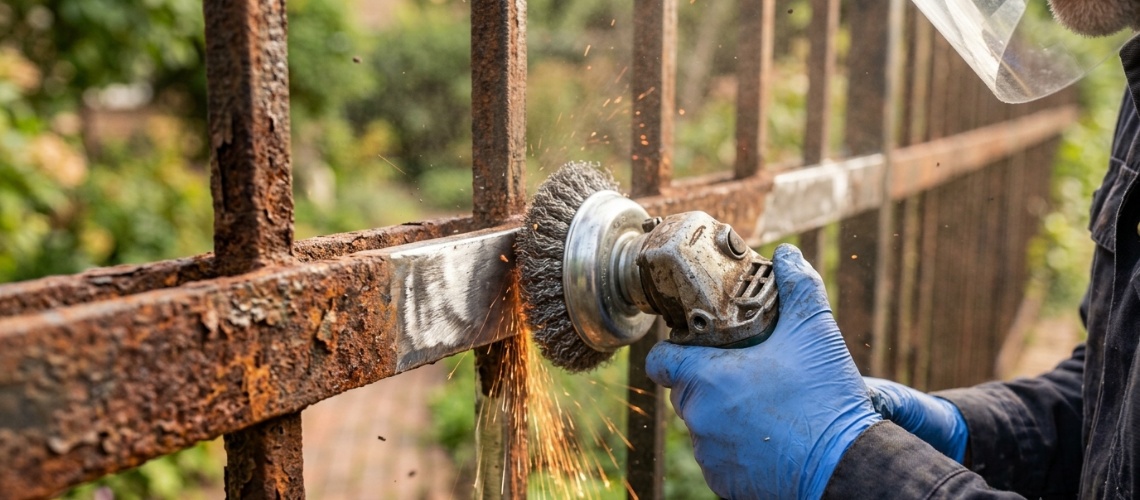 using an angle grinder with a wire cup brush to remove rust 