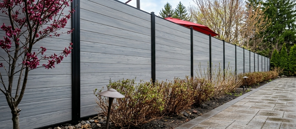 A modern horizontal gray composite privacy fence with black metal posts