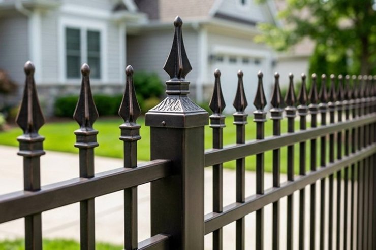 Elegant black metal fence with pointed finials in focus.